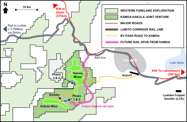 Figure 2. Map of Kamoa-Kakula and Western Foreland licences with local road and rail infrastructure.