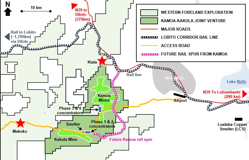 Figure 2. Map of Kamoa-Kakula and Western Foreland licences, existing local road and rail infrastructure, as well as the planned future rail spur connecting the Lobito Railway Corridor to Kamoa-Kakula.