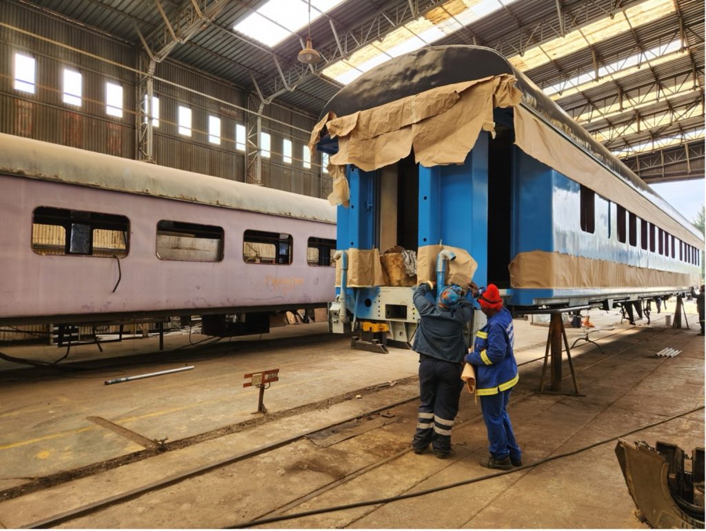 A new lick of paint on one of PRASA’s long distance passenger coaches.